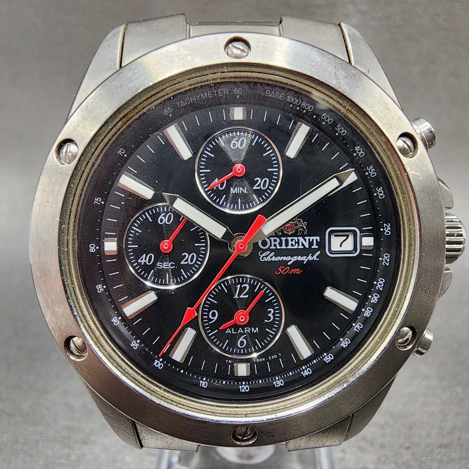 Orient Chronograph Watch Men 40mm Black Dial Silver Tone Date READ!!!!! New Batt1