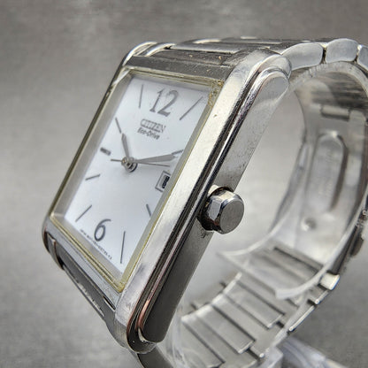 Citizen EcoDrive Tank Watch Women 26mm White Dial Silver Tone Date Runs2