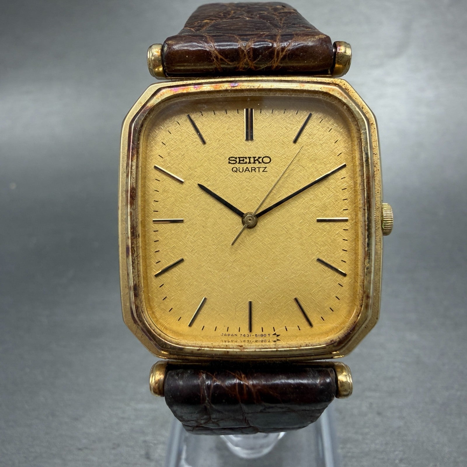Seiko Tank Watch Men 28mm Champagne Dial Gold Tone 7431-5130 New Battery Vintage0