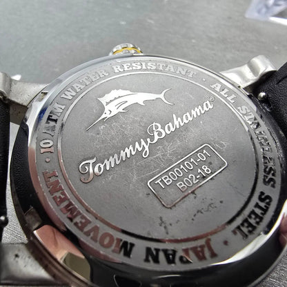 Tommy Bahama Dive Watch Men 43mm Blue Dial Steel Date Round TB00101-01 New Batt11