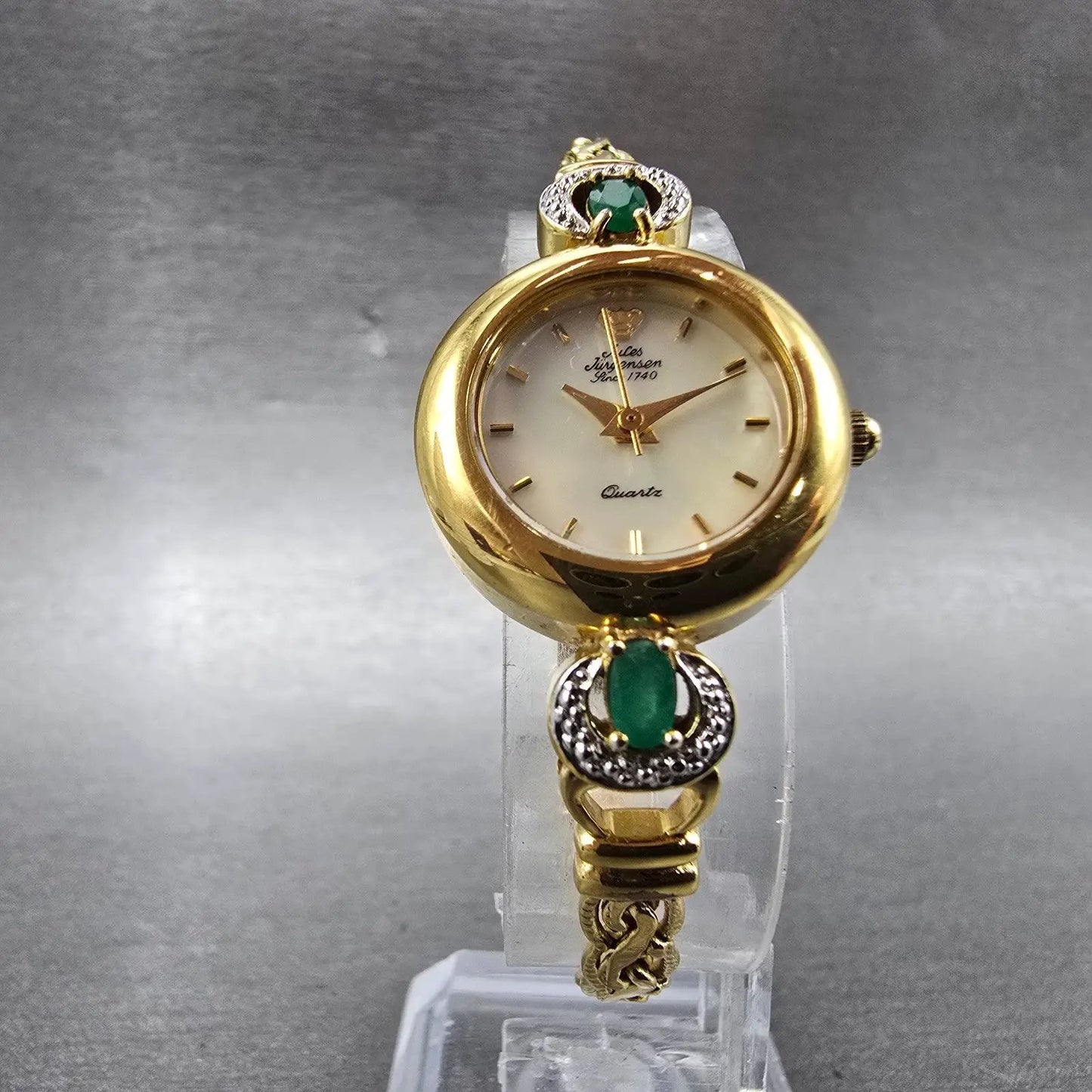 Jules Jurgenson Watch Women 22mm MOP Dial Gold Gem Set Round New Battery5