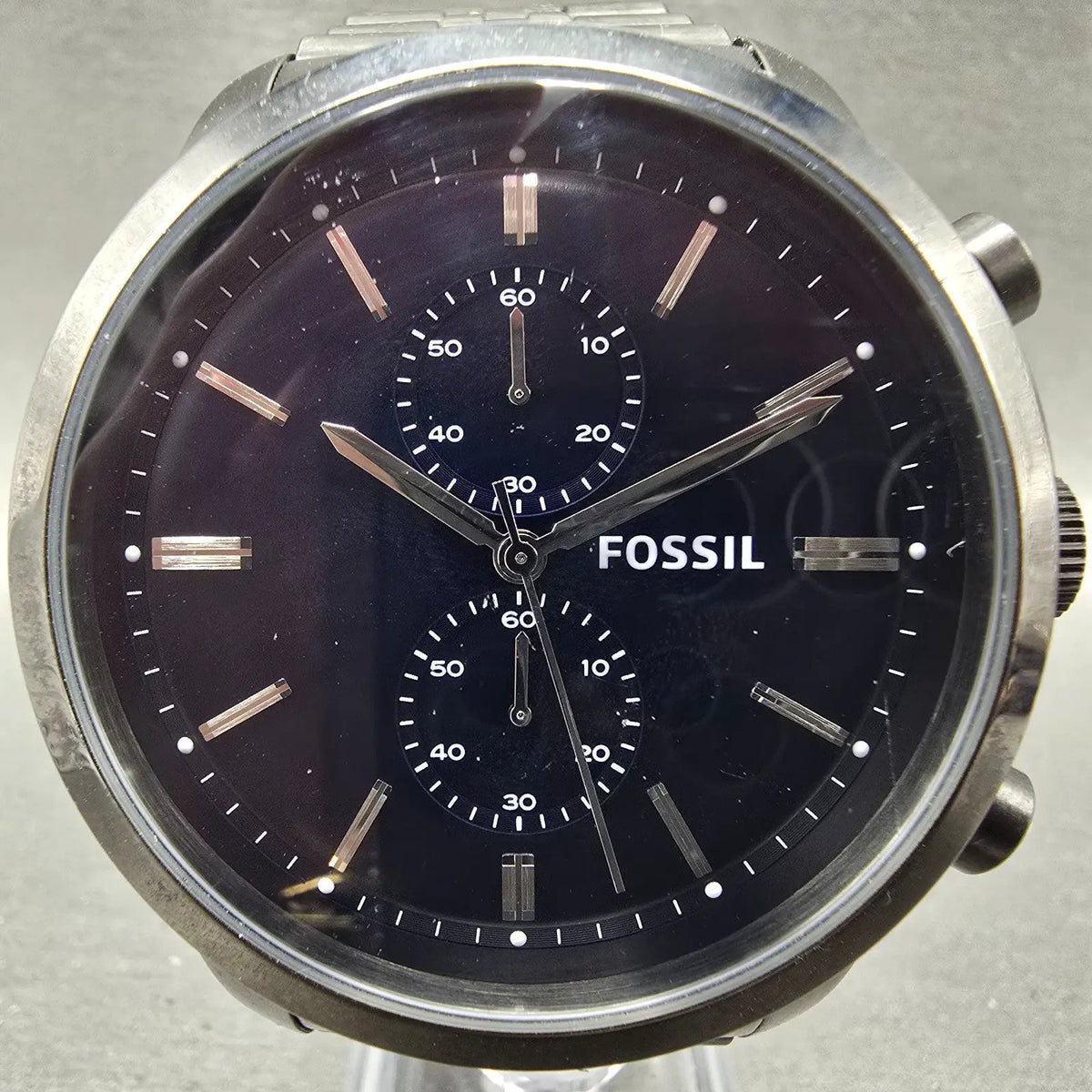 Fossil Chronograph Watch Men 48mm Blue Dial Gray Tone Round FS4786 New Battery1
