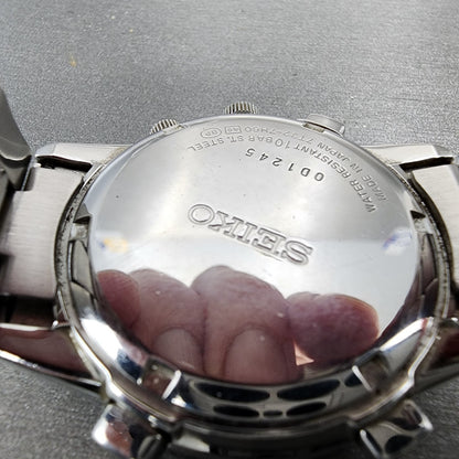 Seiko Chronograph Watch Men 37mm Black Dial Steel Date Alarm Round New Battery