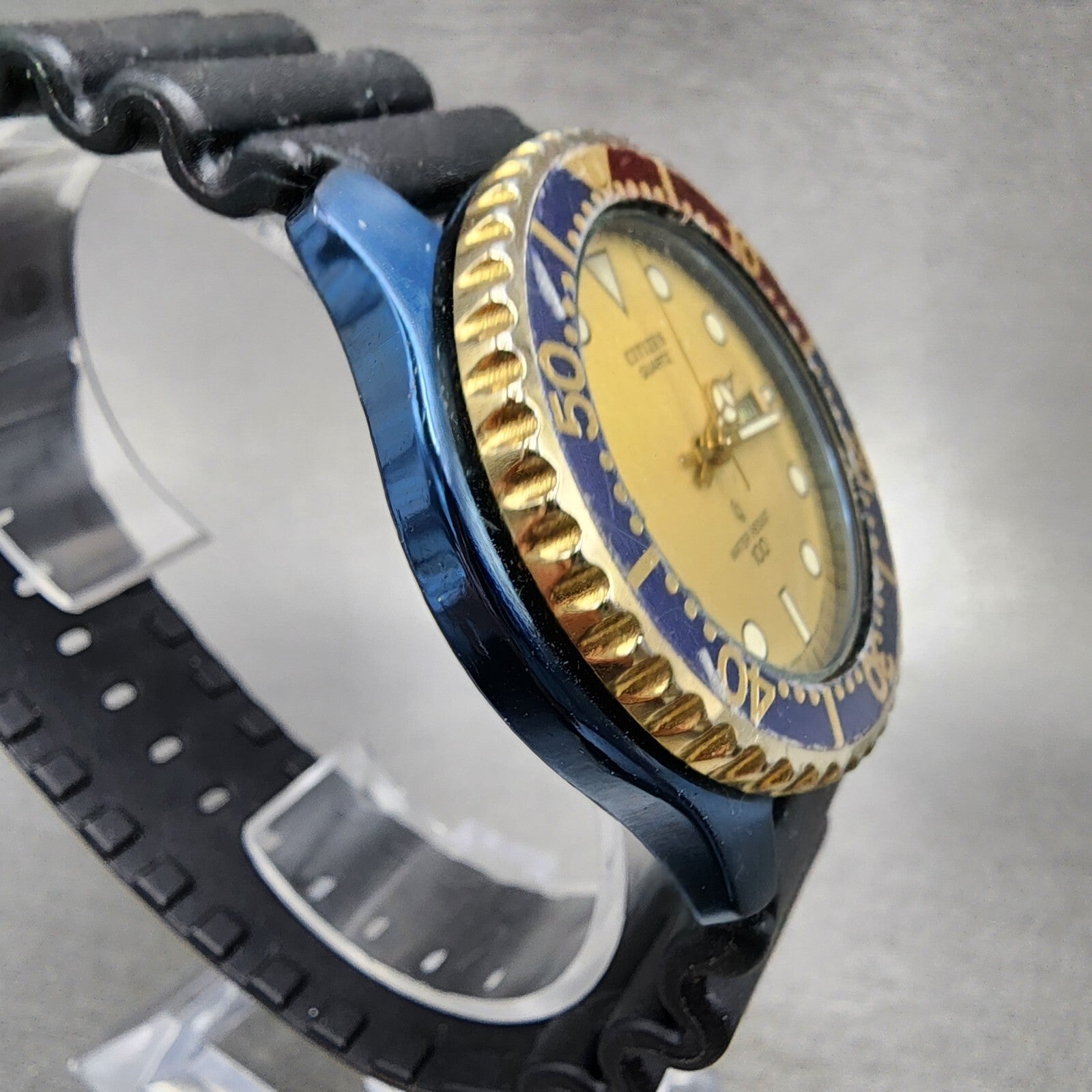 Citizen Dive Watch Men 40mm Gold Dial Blue Case Pepsi Bezel Round READ!!!!! Runs3