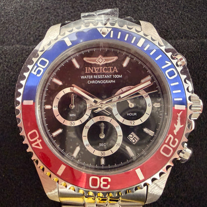 Invicta Pro Diver Chronograph Watch Men 43mm Black Dial Steel Pepsi Date 481171