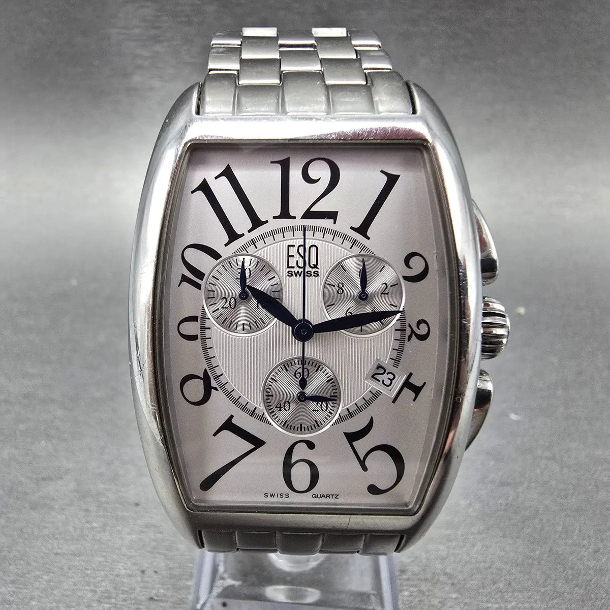 ESQ Chronograph Drake Watch Men 33mm White Dial Silver Date Rectangle New Batt0
