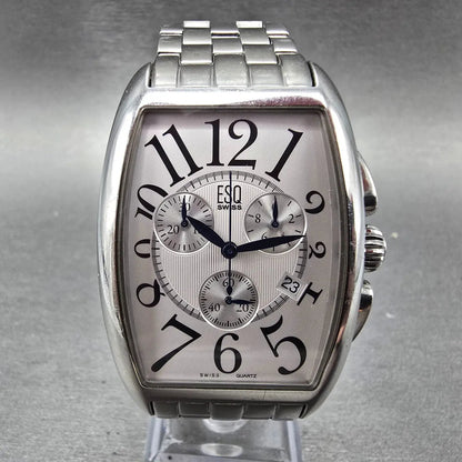 ESQ Chronograph Drake Watch Men 33mm White Dial Silver Date Rectangle New Batt0