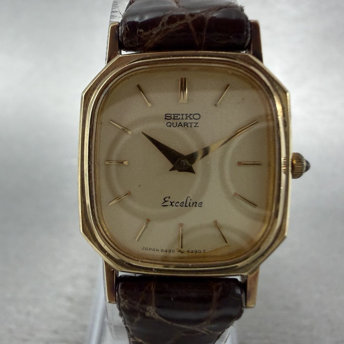 Seiko Exceline Watch Women 20mm Champagne Dial Gold Octagon 8420-5420 new Batt1