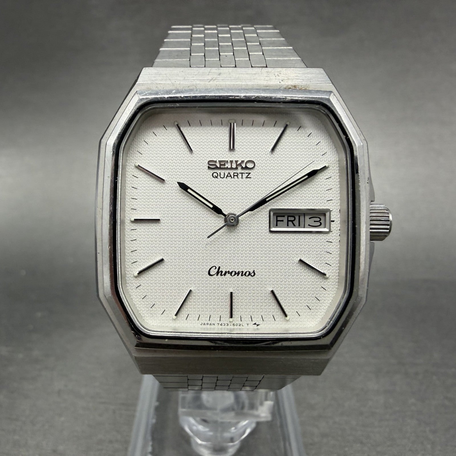 Seiko Chronos Watch Men 32mm Silver Dial Silver Tone Daydate 7433-5010 PARTS0