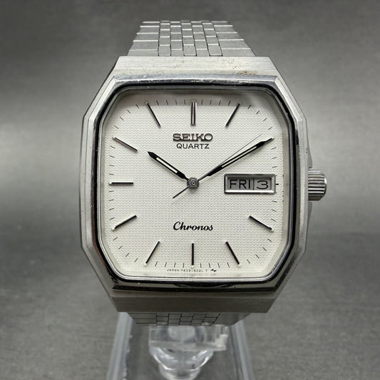 Seiko Chronos Watch Men 32mm Silver Dial Silver Tone Daydate 7433-5010 PARTS0