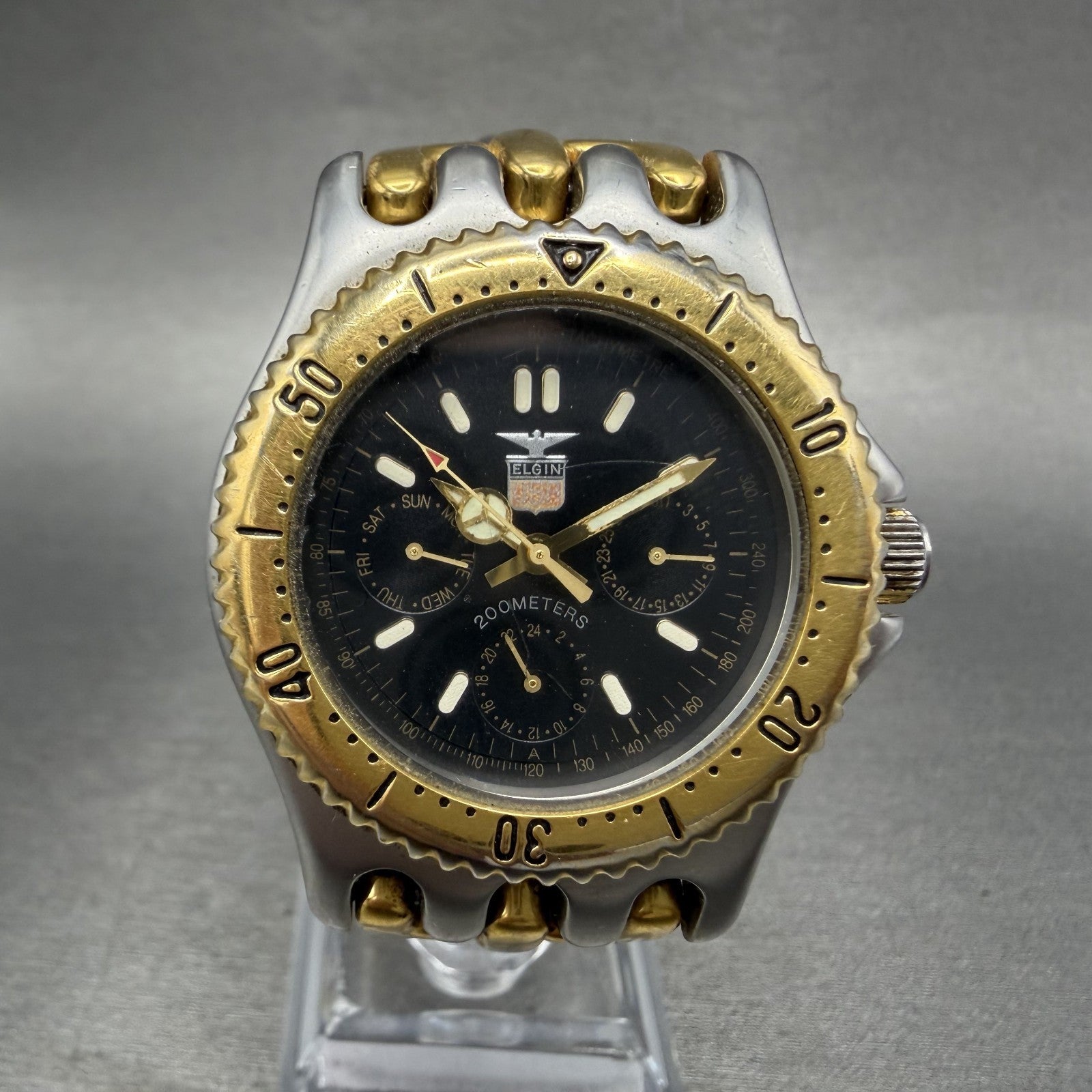 Elgin Watch Men 37mm Black Dial Two Tone Daydate Round FK-527A New Battery0