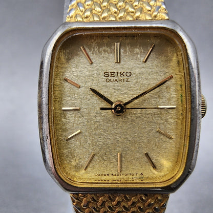 Seiko Watch Women 19mm Champagne Dial Gold Tone Rectangle 5421-5060 New Batt