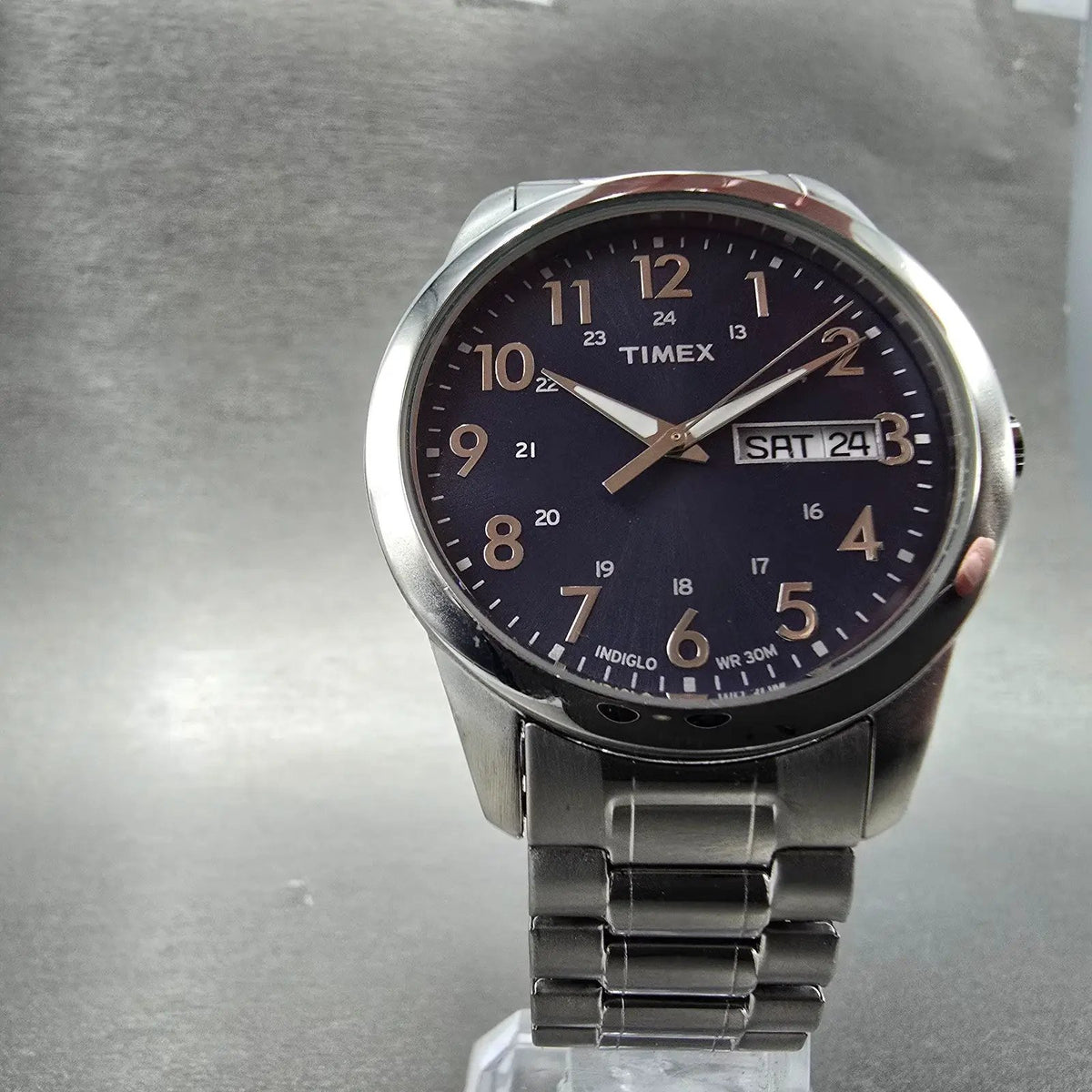 Timex South Street Watch Men 36mm Blue Dial Silver Tone Daydate T2M933 New Battj5