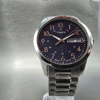 Timex South Street Watch Men 36mm Blue Dial Silver Tone Daydate T2M933 New Battj5