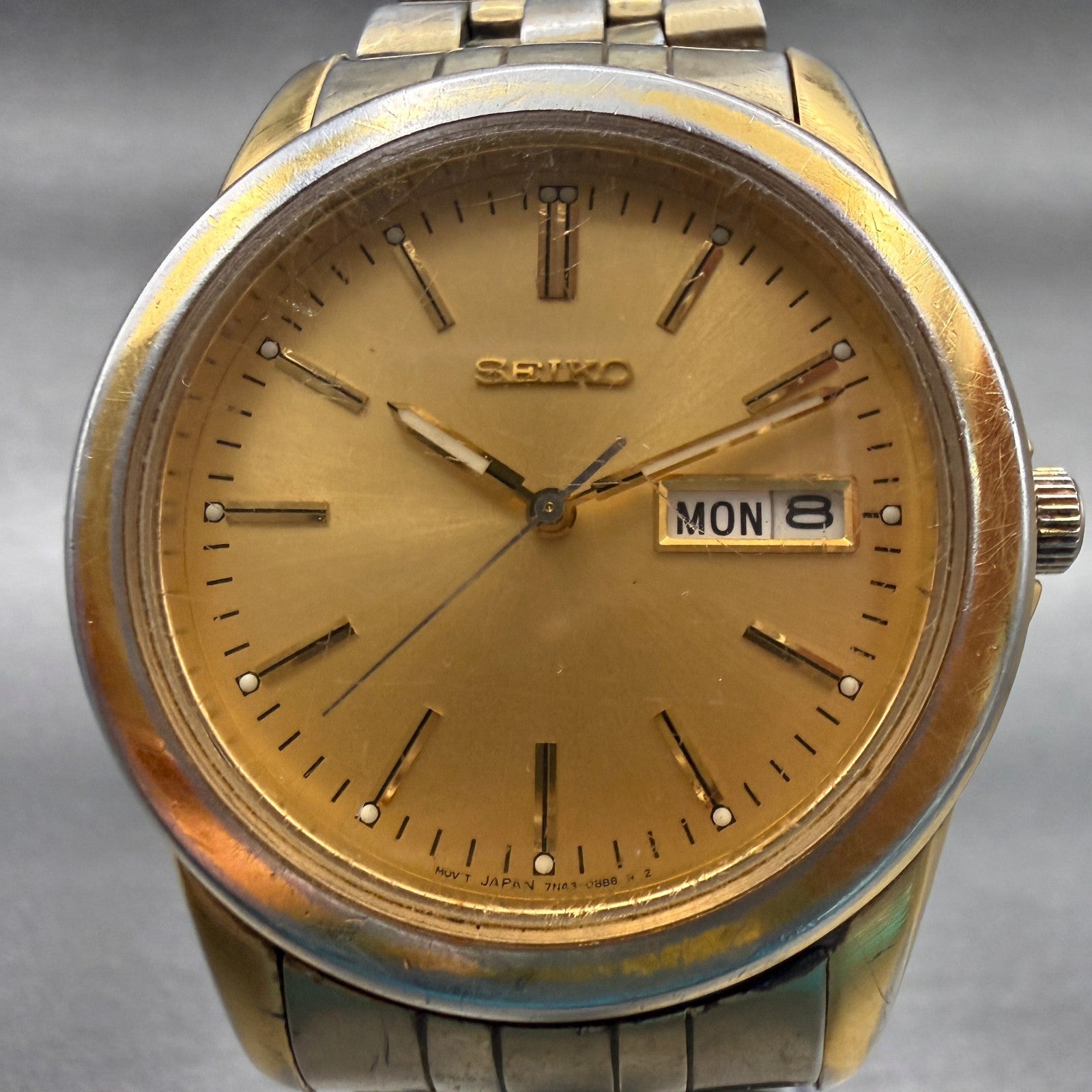 Seiko Watch Men 38mm Gold Dial Gold Tone Daydate Round 7N43-0AM0 New Battery1
