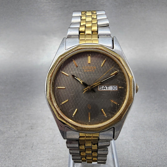 VTG Citizen CQ Watch Men 35mm Gray Dial Two Tone Daydate Round New Battery0