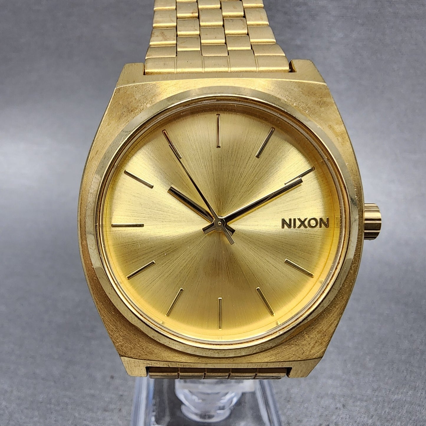 Nixon Time Teller Watch Men 37mm Gold Dial Gold Tone Round New Battery0