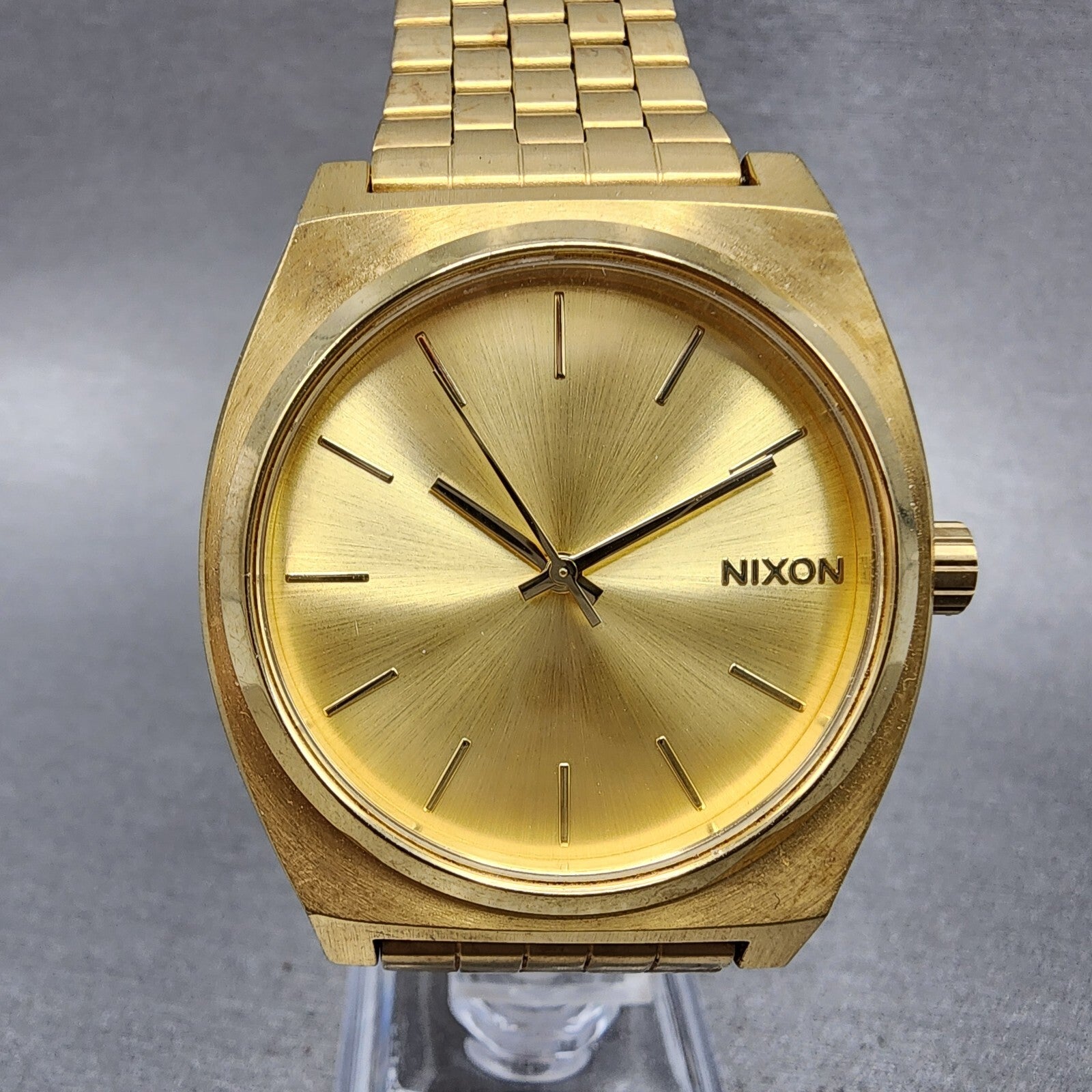 Nixon Time Teller Watch Men 37mm Gold Dial Gold Tone Round New Battery0