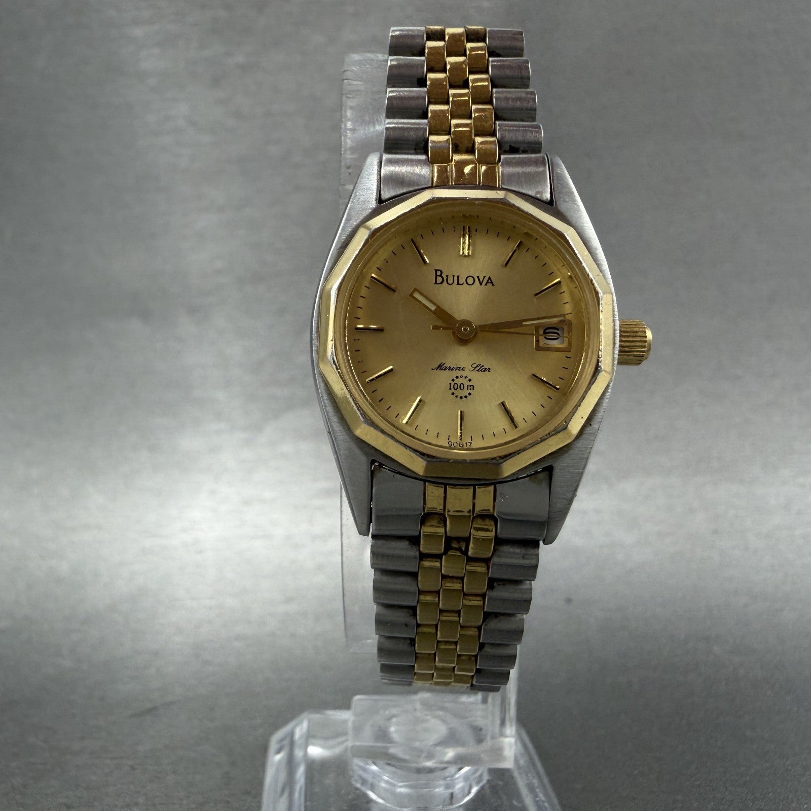 Bulova Marine Star Watch Women 24mm Gold Dial Two Tone Date Round New Battery AB5