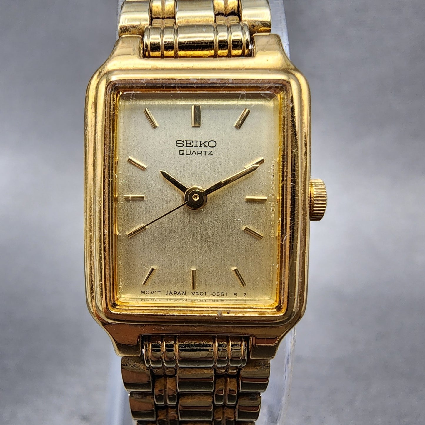 Seiko Tank Watch Women 18mm Champagne Dial Gold Tone Rectangle V4015129 New Bat1