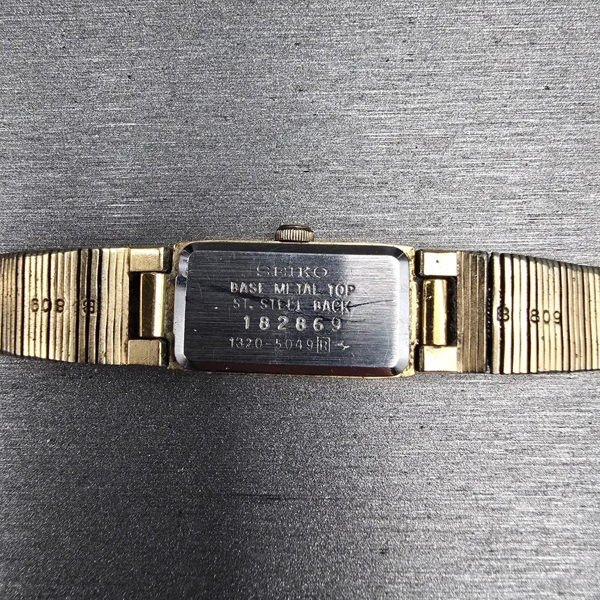 Seiko Watch Women 12mm Gold Dial Gold Tone Rectangle 1320-5049 New Battery 8910