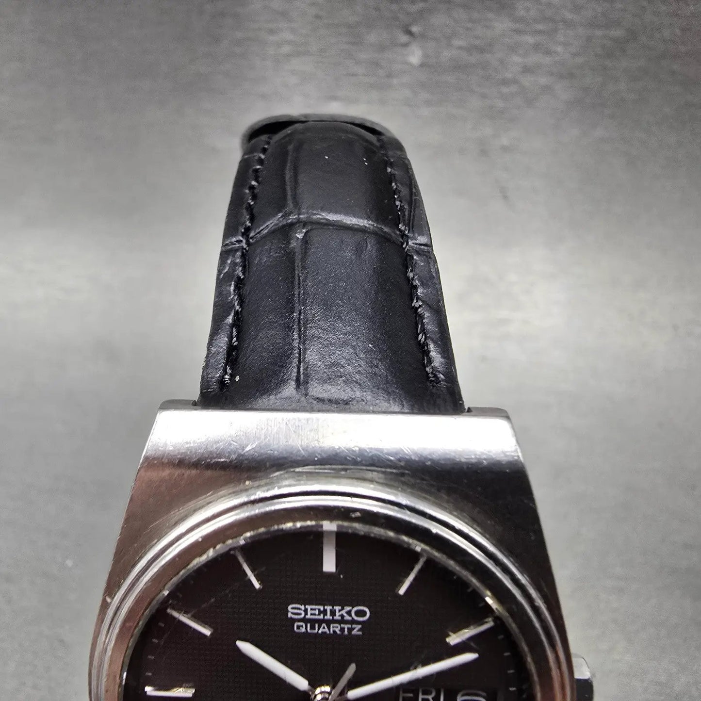 Seiko SQ Watch Men 34mm Black Dial Silver Tone Daydate Round 7813-6019 New Batt5