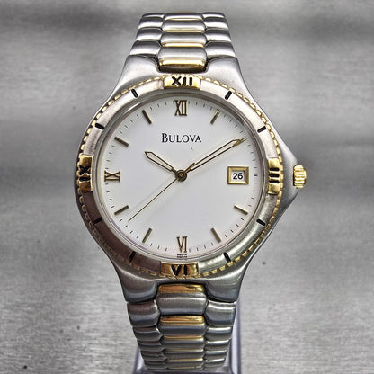 Bulova Watch Men 34mm White Dial Two Tone Date Round 98G14 New Battery0