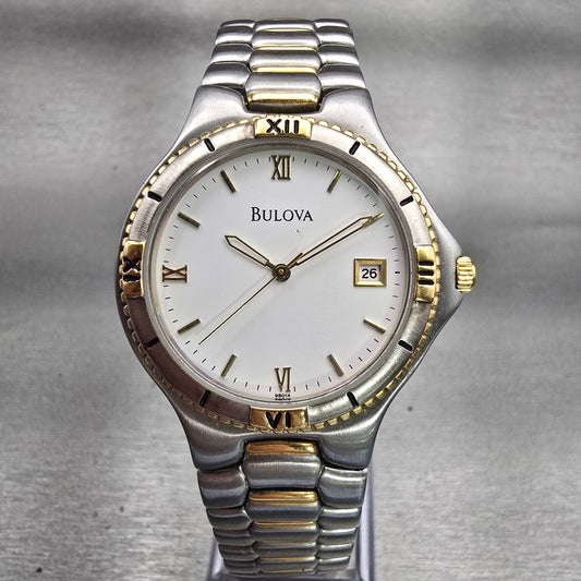 Bulova Watch Men 34mm White Dial Two Tone Date Round 98G14 New Battery0