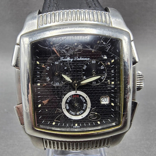 Tommy Bahama Chronograph Watch Men 38mm Black Dial Steel Daydate TB1045 NewBat F0