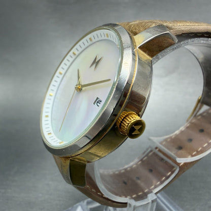 MVMT Boulevard Watch Women 38mm MOP Dial Gold Tone Date Leather New Battery2