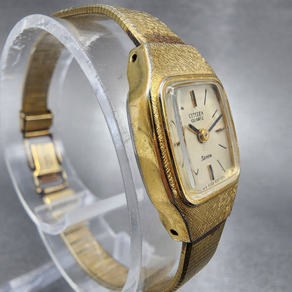VTG Citizen Seven Watch Women 16mm Champagne Dial Gold Tone Rectangle New Batt3