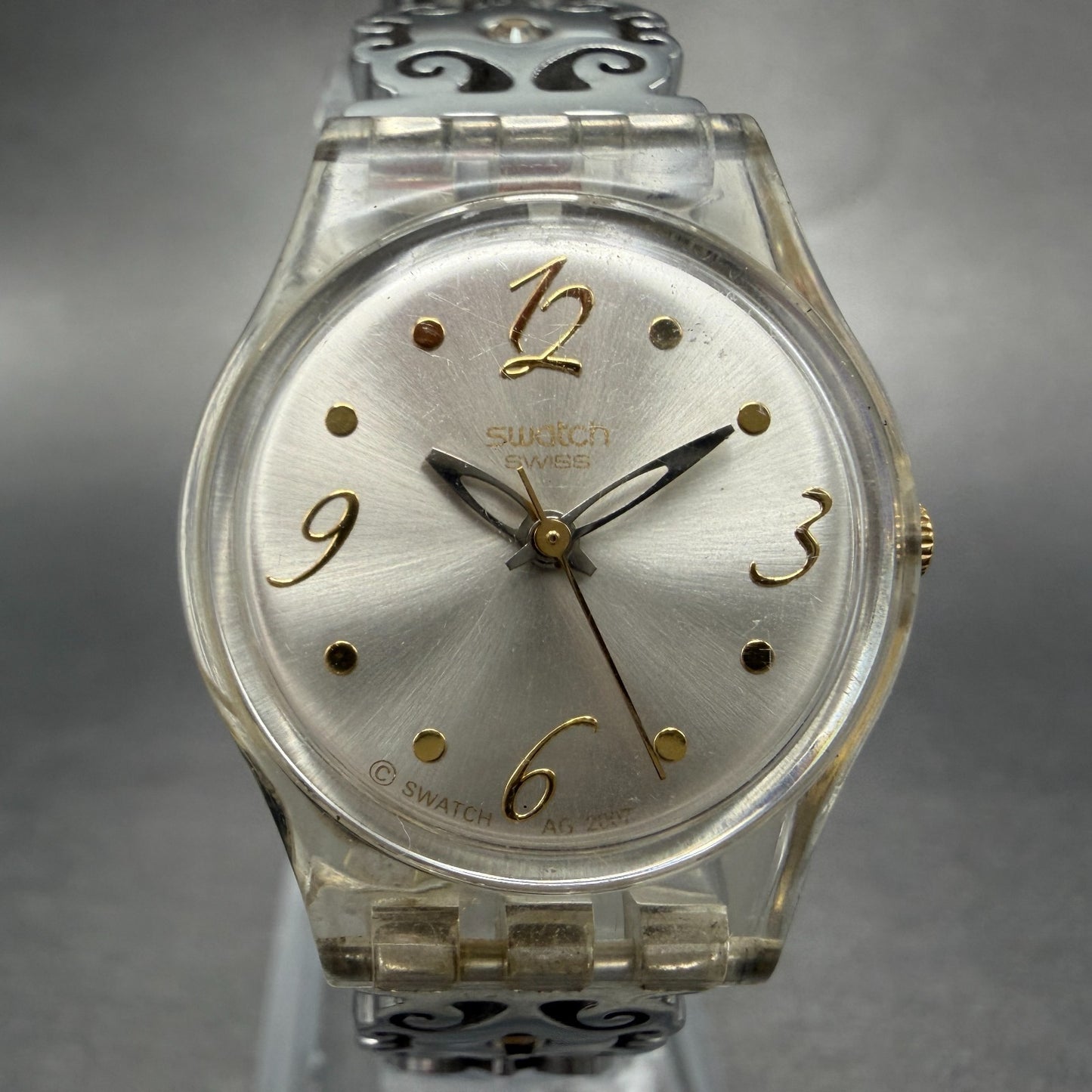 Swatch Crystal Lace Watch Women 25mm White Dial Clear Case Round New Battery0