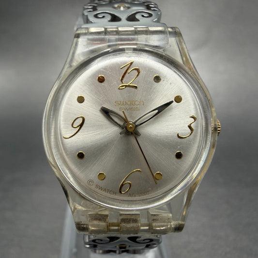 Swatch Crystal Lace Watch Women 25mm White Dial Clear Case Round New Battery0