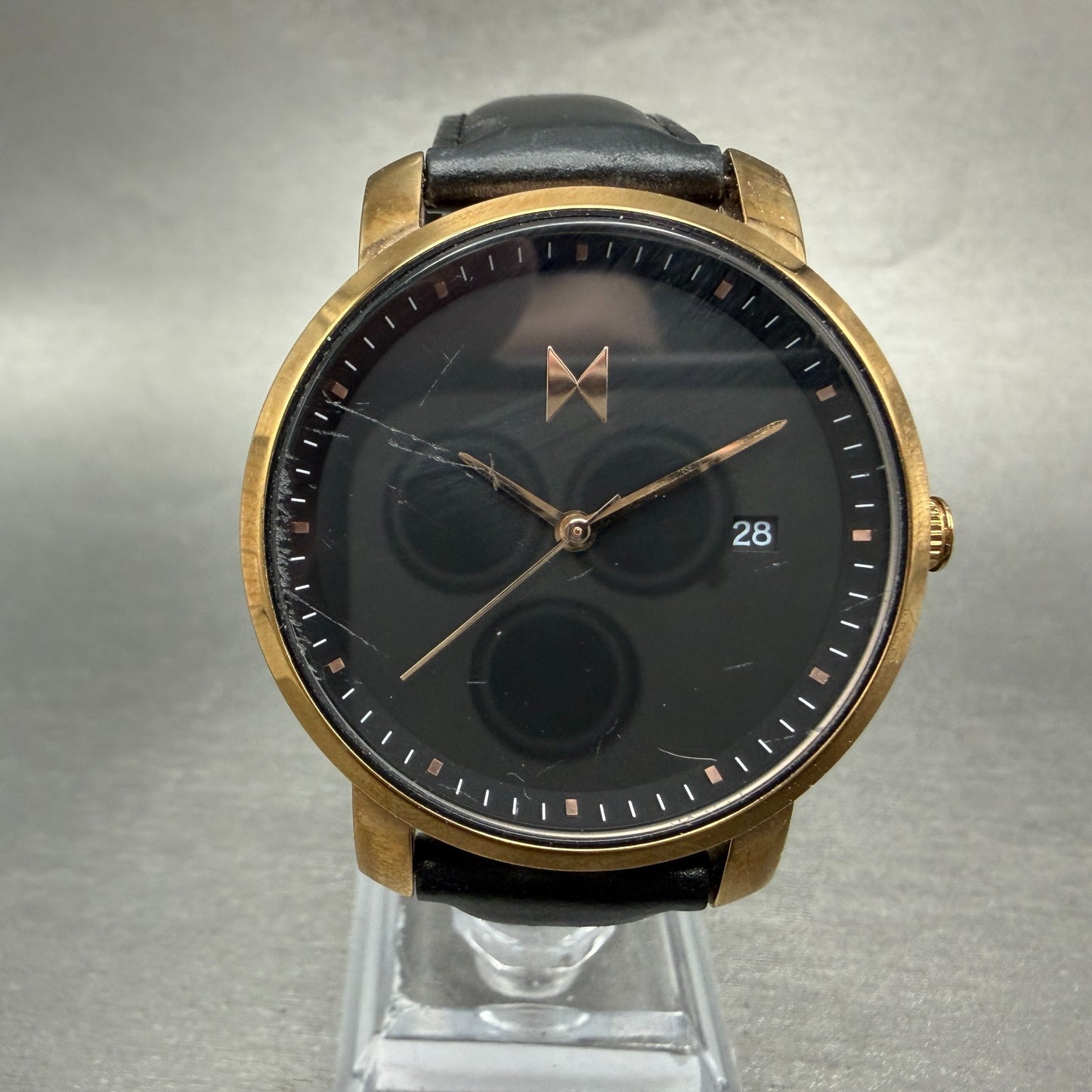 MVMT Boulevard Watch Women 38mm Black Dial Rose Gold Tone Date Leather New BattN0