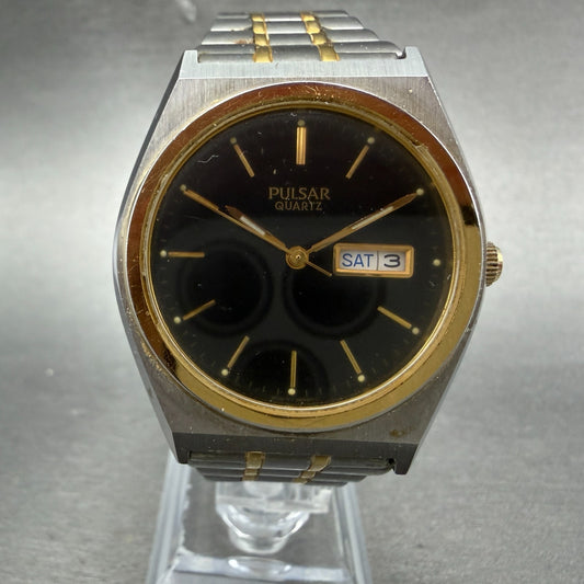 Pulsar Watch Men 37mm Black Dial Two Tone Daydate V733-X004 Round New Battery0