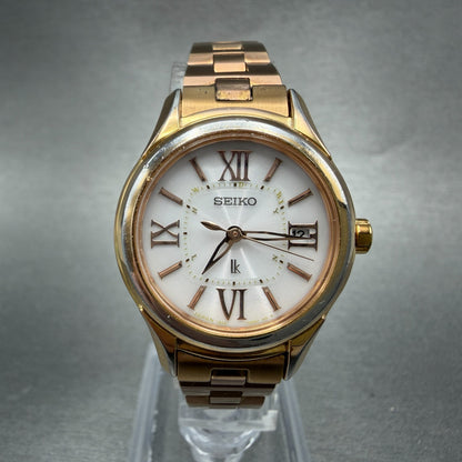 Seiko Lukia Solar Watch Women 27mm White Dial  Rose Gold Date 1B22-0AS0 Runs0