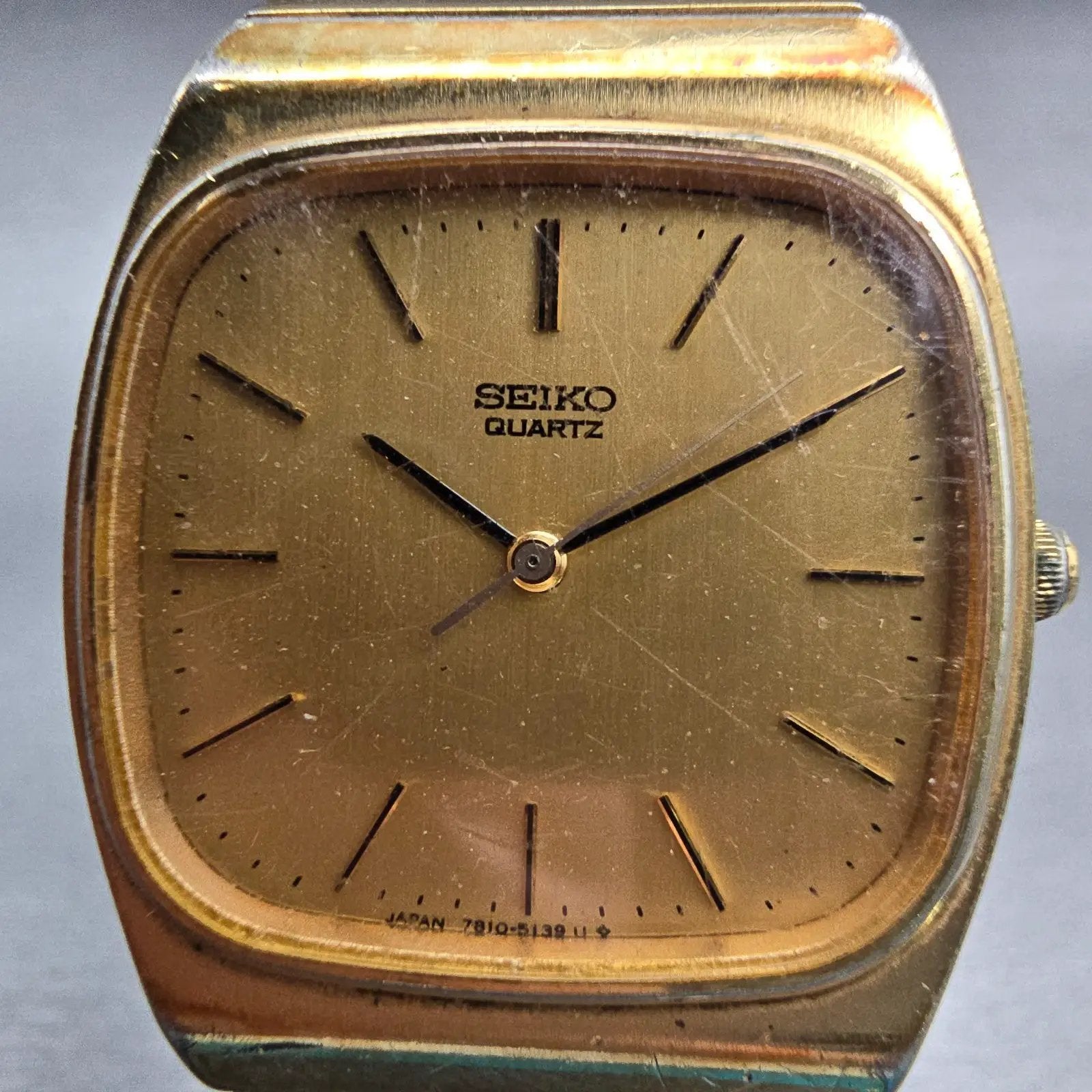 Seiko Watch Men 31mm Gold Dial Gold Tone Rectangle 7810-5139 New Battery Vintage1