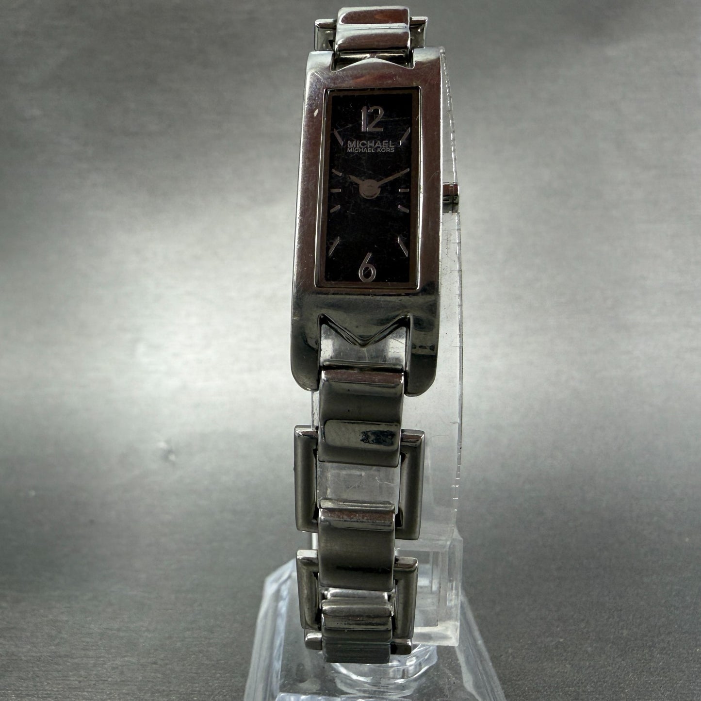 Michael Kors Tank Watch Women 14mm Black Dial Silver Tone Rectangle New battery5