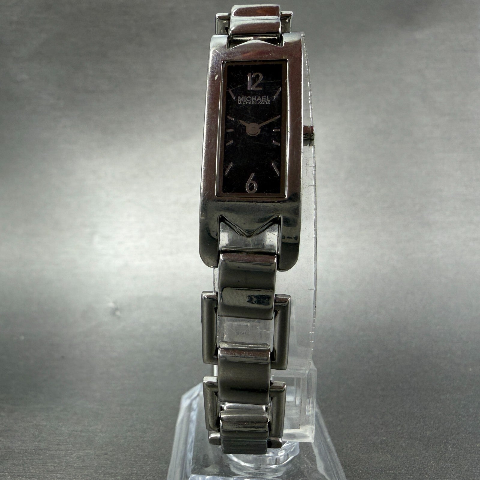 Michael Kors Tank Watch Women 14mm Black Dial Silver Tone Rectangle New battery5