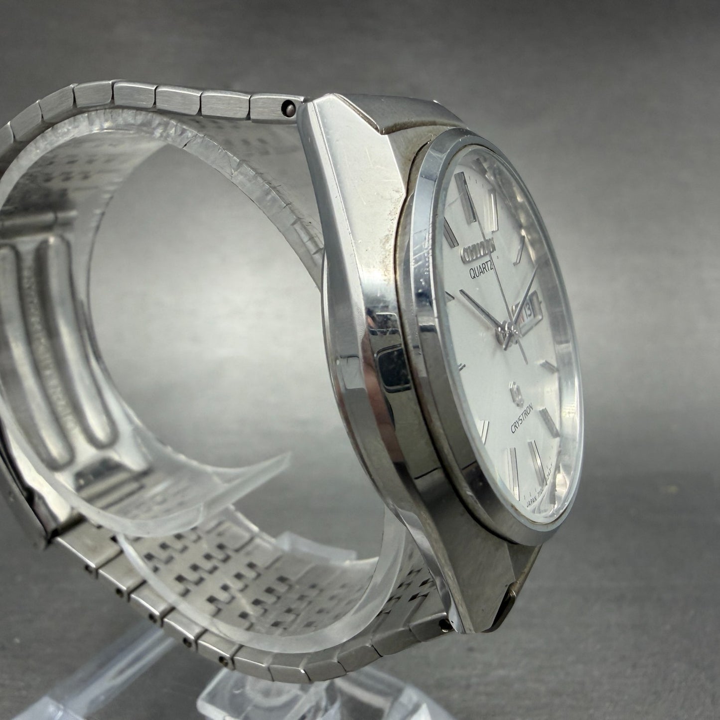 Citizen CQ Crystron Watch Men 35mm Silver Dial Steel Daydate 4-730364 NewBattery3