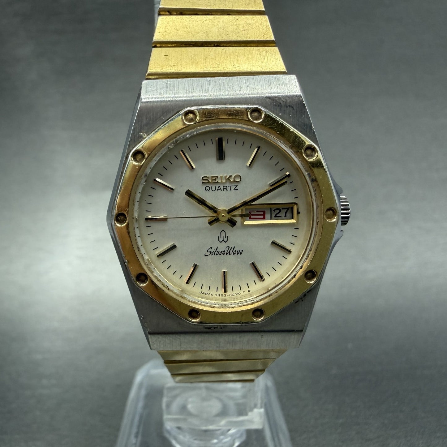 Seiko SilverWave Watch Women 26mm Silver Dial Two Tone Daydate 3423-0190 New Bat0