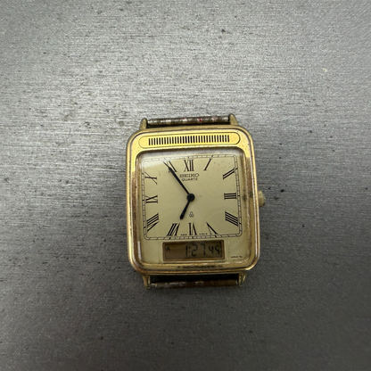 Seiko Analog Digital Tank Watch Men 28mm Champagne Dial Gold Tone H249-5110 PART0