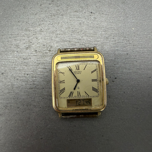 Seiko Analog Digital Tank Watch Men 28mm Champagne Dial Gold Tone H249-5110 PART0
