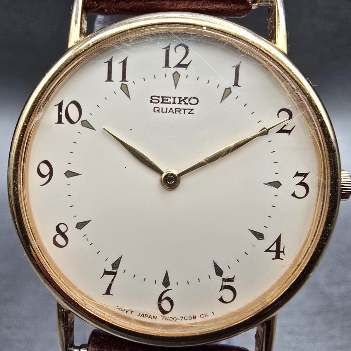 Seiko Watch Men 31mm Ivory Dial Gold Tone Round 7N00-7A49 New Battery Vintage1