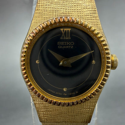 Seiko Watch Women 18mm Black Dial Gold Tone Round Vintage 2P20-0339 New Battery1