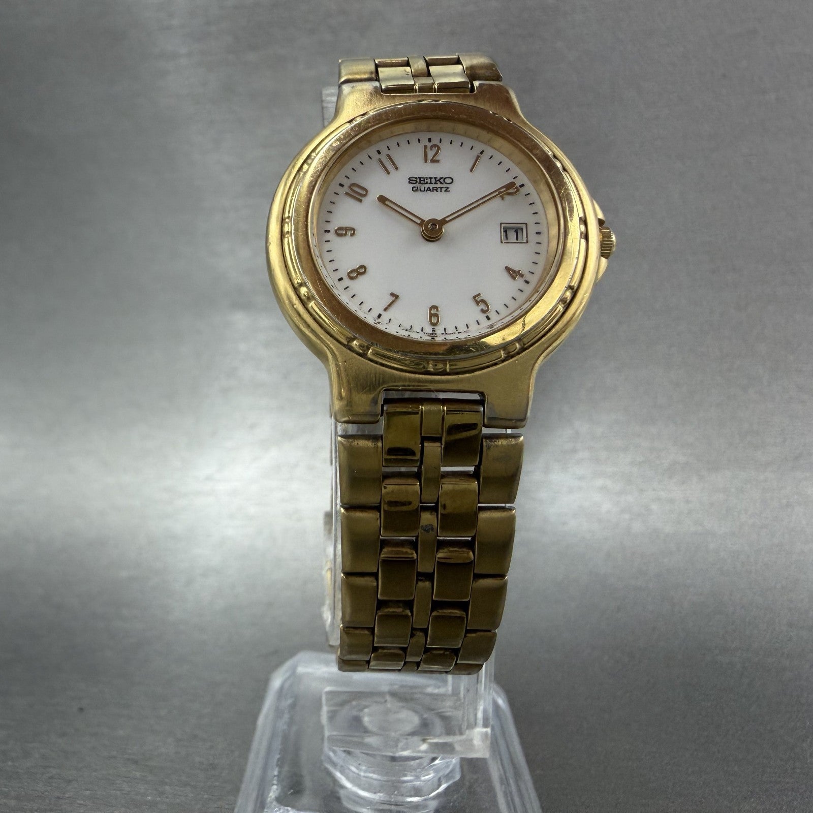 Seiko Watch Women 28mm White Dial Gold Tone Date Round 7N89-6A20 New Battery5