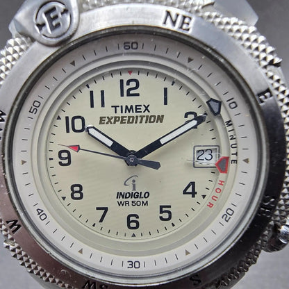 Timex Expedition Watch Men 41mm White Dial Silver Tone Alarm Date New Battery GH1
