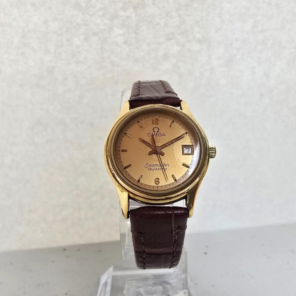 Omega Seamaster Watch Women 23mm Gold Dial Gold Tone Date Round 1380 New Battery6