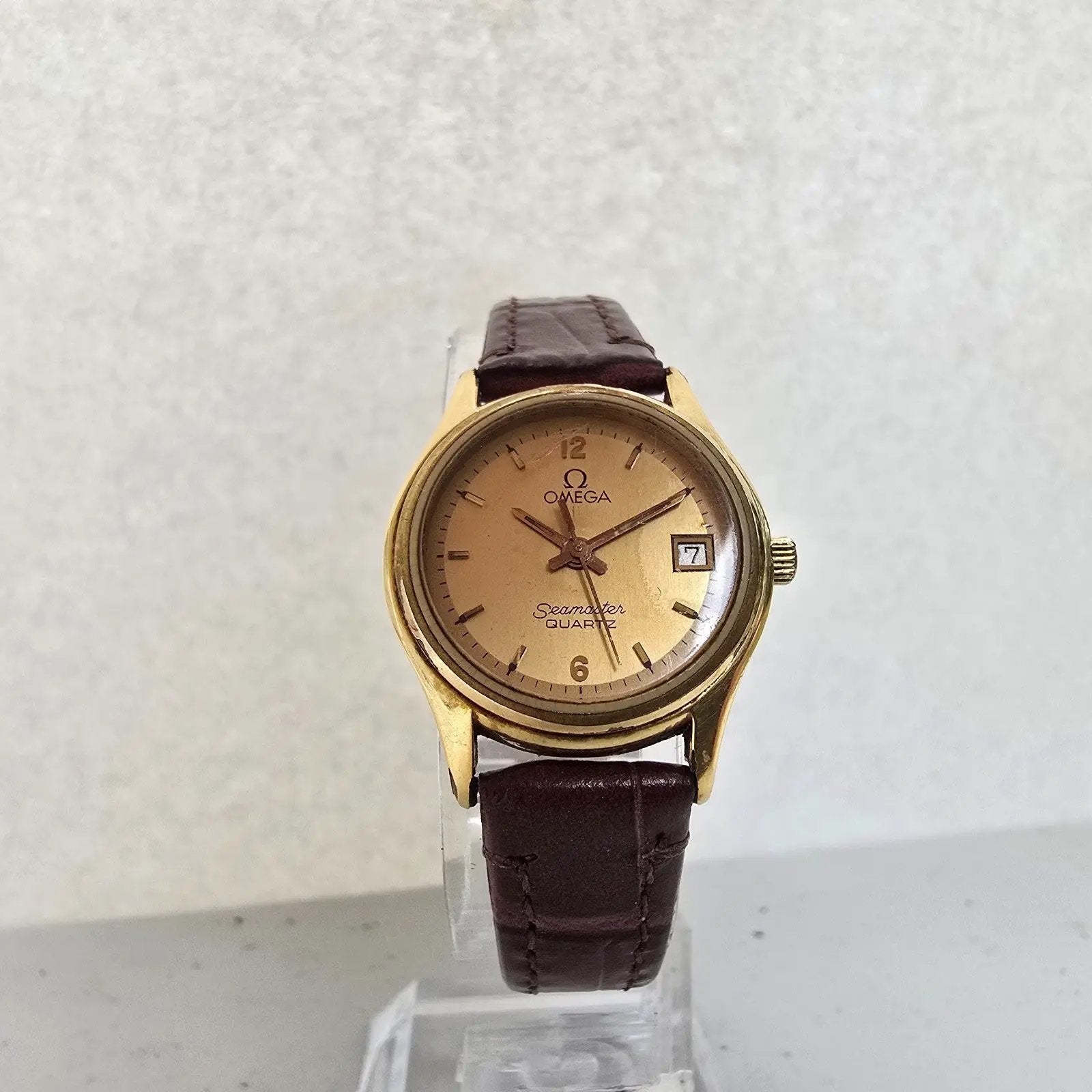 Omega Seamaster Watch Women 23mm Gold Dial Gold Tone Date Round 1380 New Battery6