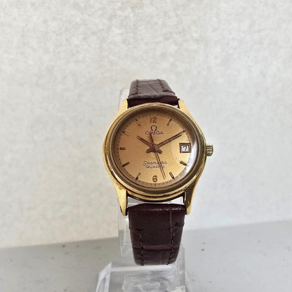 Omega Seamaster Watch Women 23mm Gold Dial Gold Tone Date Round 1380 New Battery6